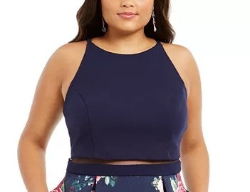 B Darlin Women's Trendy Plus Size Illusion Floral-Print Fit & Flare Dress Navy Size 20