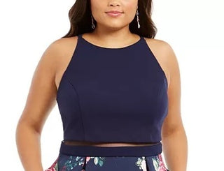 B Darlin Women's Trendy Plus Size Illusion Floral-Print Fit & Flare Dress Navy Size 20