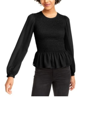 LEYDEN Women's Smocked Peplum Blouse Black Size Small