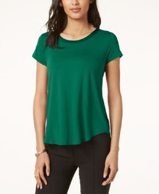 Alfani Women's Satin-Trim High-Low T-Shirt Dark Green Size Petite Medium