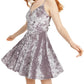 City Studios Juniors' Glitter Crushed Velvet Fit & Flare Dress Gray Size 3