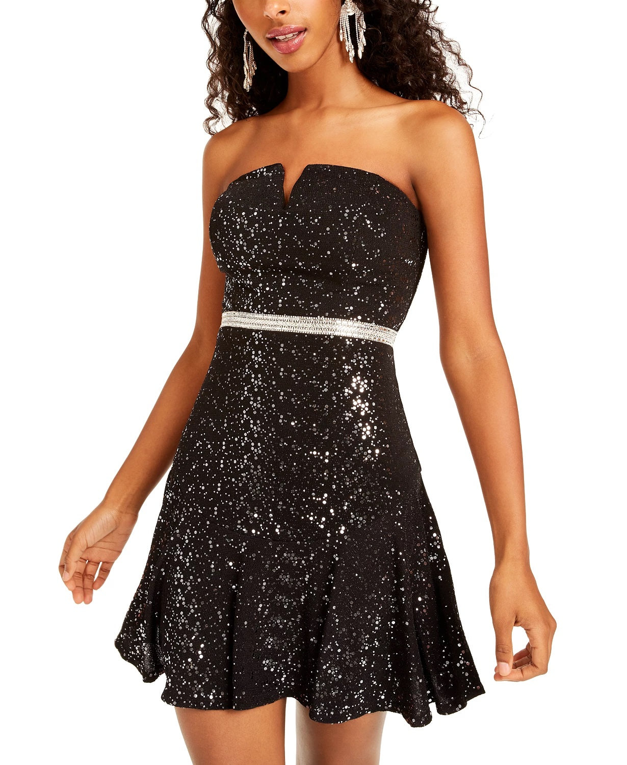 City Studios Juniors' Sequined Strapless Fit & Flare Dress Silver Size 7
