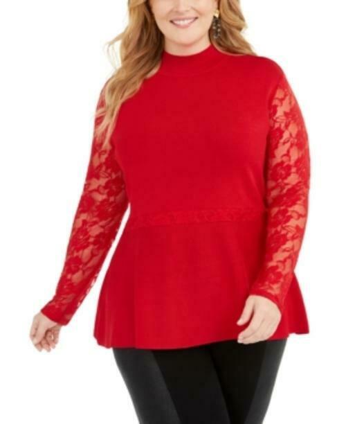 INC International Concepts Women's Plus Size Lace Peplum Sweater Red Size 2X