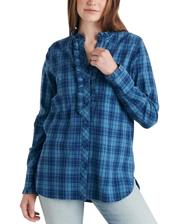 Lucky Brand Women's Audrey Ruffle Plaid Tunic Shirt Blue Size Small