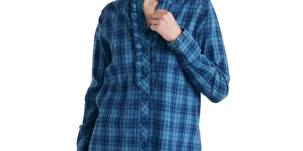 Lucky Brand Women's Audrey Ruffle Plaid Tunic Shirt Blue Size Small