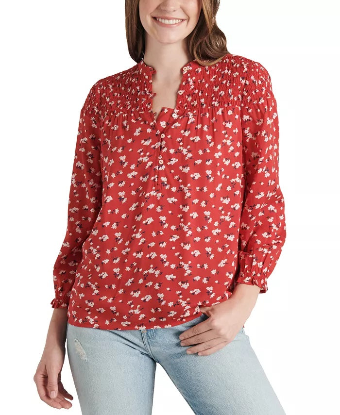 Lucky Brand Women's Gemma Smocked Yoke Blouse Red Size X-Small