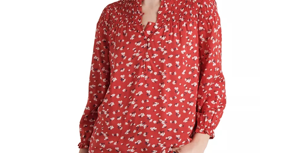 Lucky Brand Women's Gemma Smocked Yoke Blouse Red Size X-Small