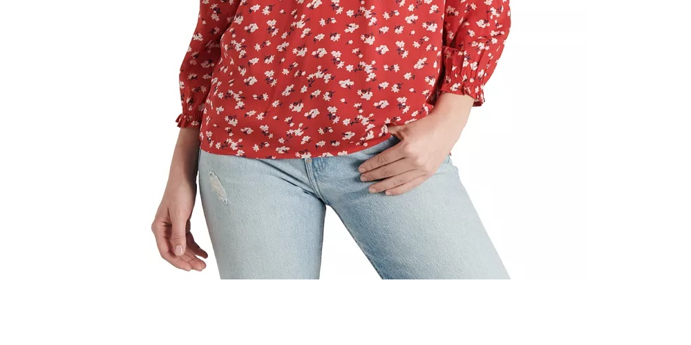 Lucky Brand Women's Gemma Smocked Yoke Blouse Red Size X-Small