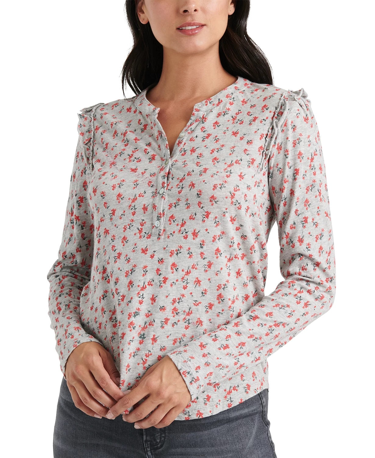 Lucky Brand Women's Floral Print Ruffle Henley Red Size Large