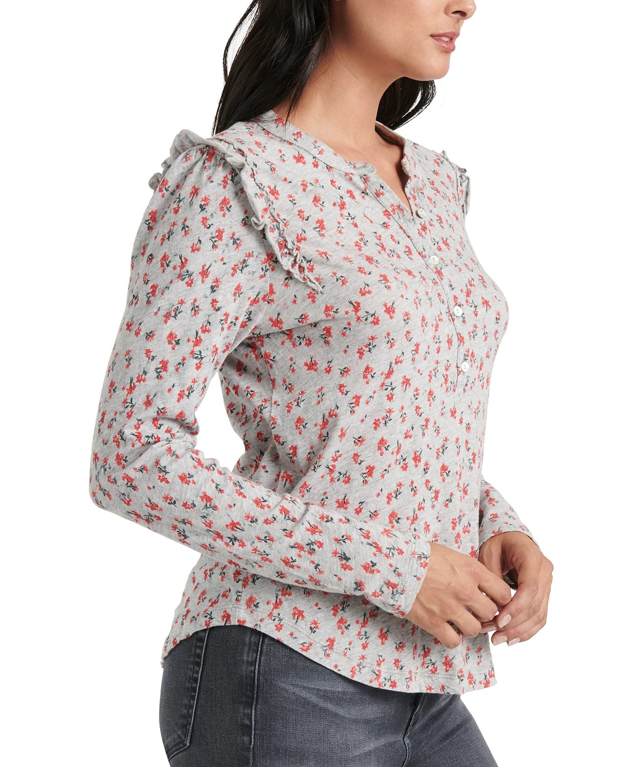 Lucky Brand Women's Floral Print Ruffle Henley Red Size Large