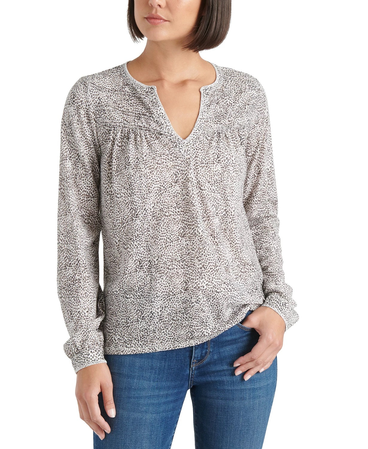 Lucky Brand Women's Cotton Animal-Print Peasant Top White Size Small