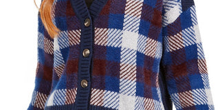 1.STATE Women's Plaid Button Front Crop Cardigan Blue