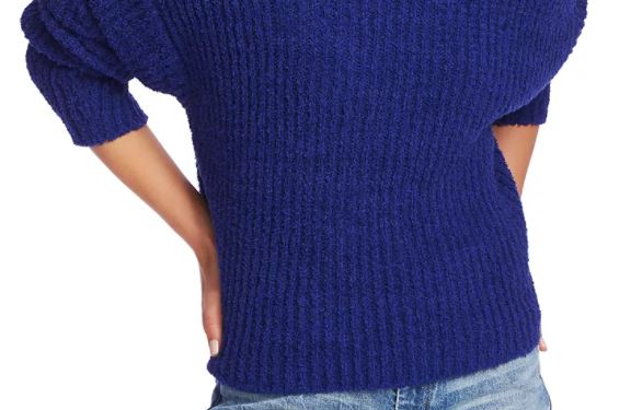 1.STATE Women's Mock Neck Terry Yarn Sweater Navy Sea Blue Size X-Large