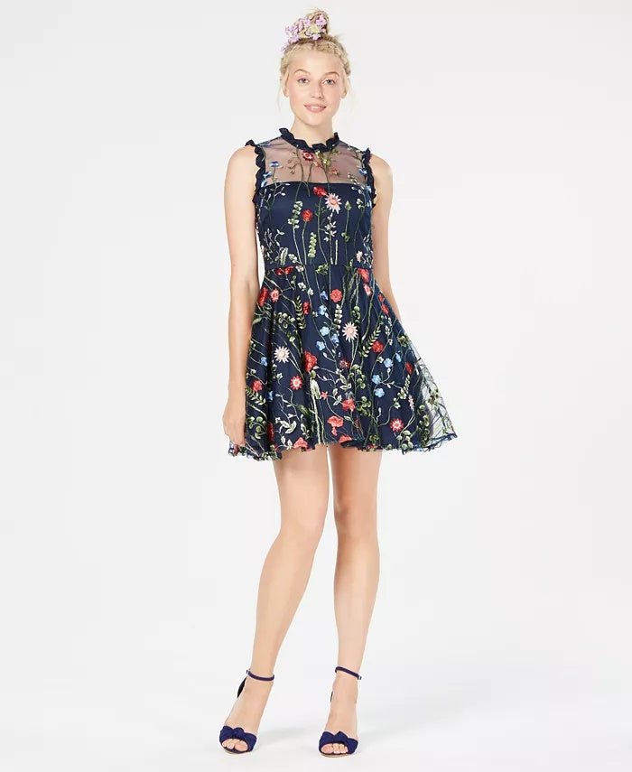 City Studios Junior's Floral Embroidered Fit & Flare Dress Navy Size 1