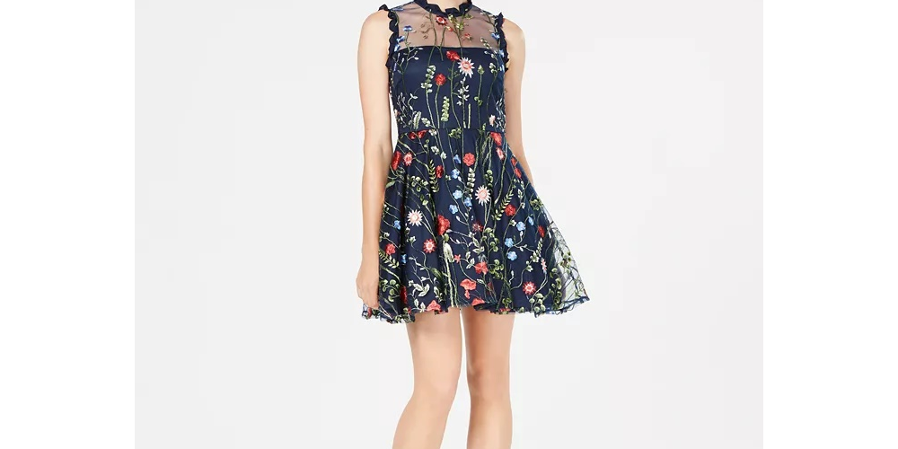 City Studios Junior's Floral Embroidered Fit & Flare Dress Navy Size 1