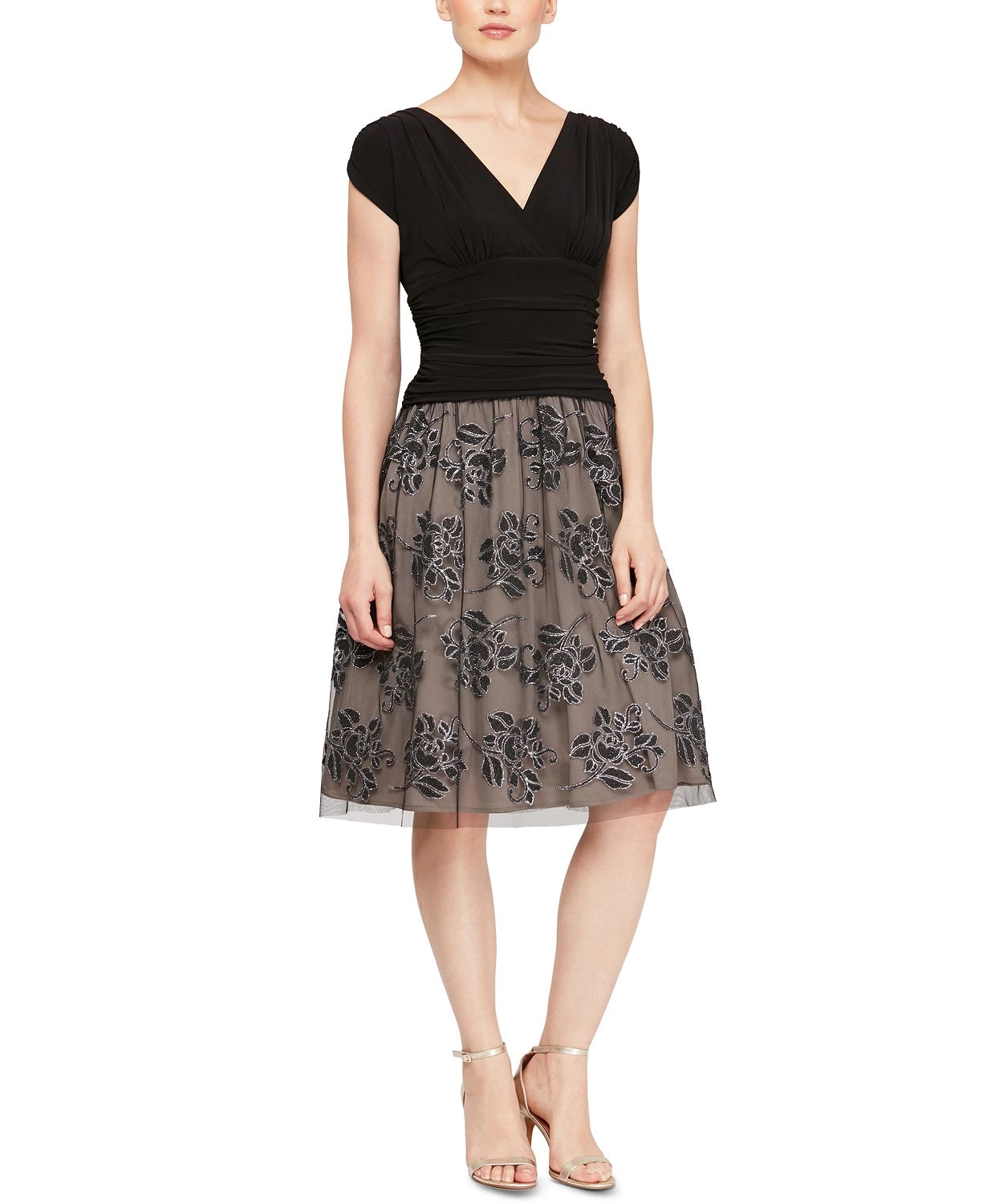Sl Fashions Women's Embellished Floral-Print A-Line Dress Charcoal Size 10