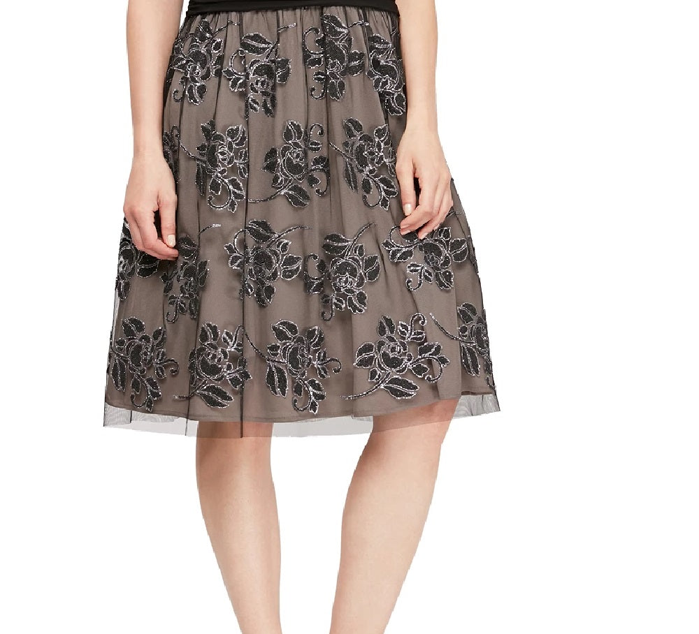 SL Fashions Women's Embellished Floral Print A Line Dress Charcoal Size 14