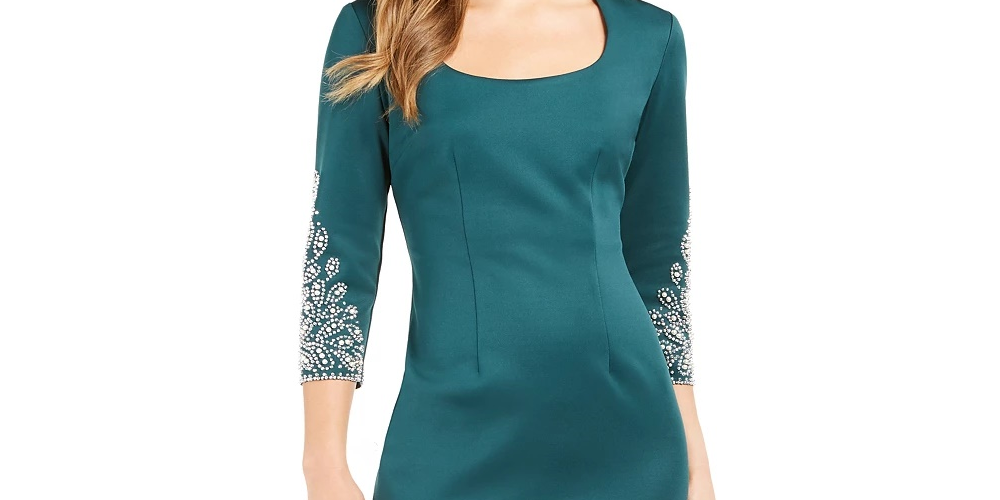 SL Fashions Women's  Embellished Scuba Sheath Dress Green Size 16