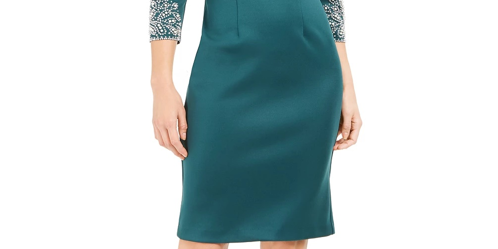 SL Fashions Women's  Embellished Scuba Sheath Dress Green Size 16