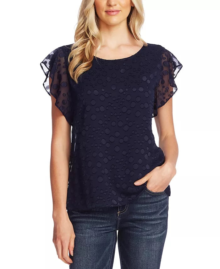Vince Camuto Women's Flutter Sleeve Bubble Dot Top Blue Navy Size Medium