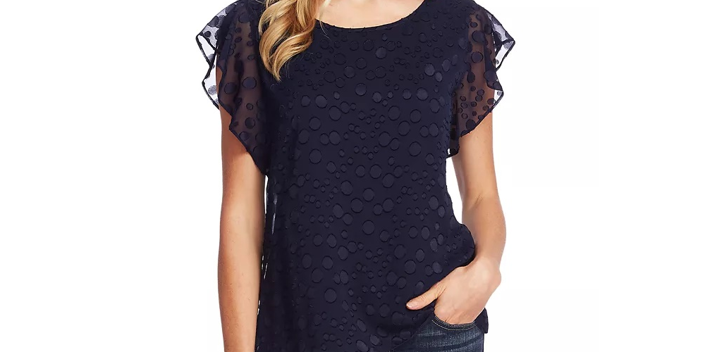 Vince Camuto Women's Flutter Sleeve Bubble Dot Top Blue Navy Size Medium