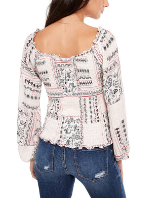 American Rag Juniors'' Printed Smocked Poet-Sleeved Blouse Pink Size X-Large