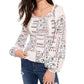 American Rag Junior's Printed Smocked Poet Sleeved Blouse White Size X-Small