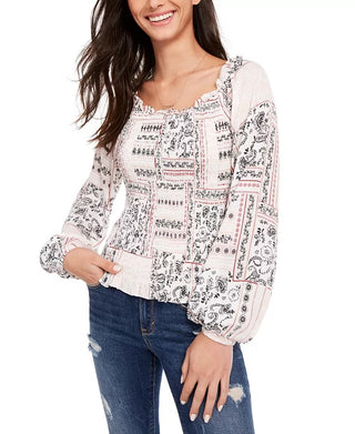 American Rag Junior's Printed Smocked Poet Sleeved Blouse White Size X-Small