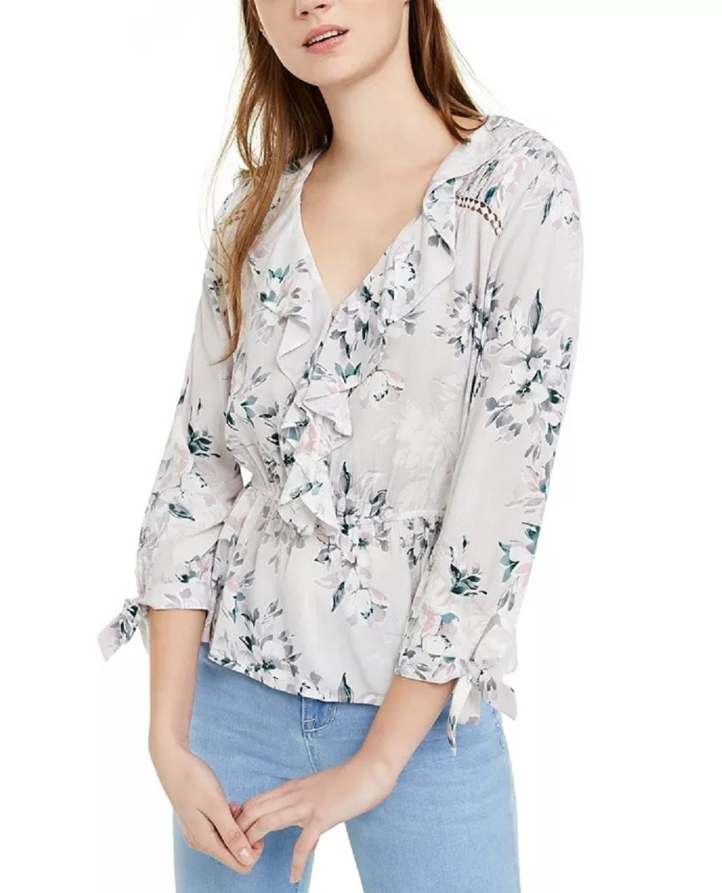 American Rag Juniors' Ruffled-Neck Tie-Sleeve Top Gray Size Large