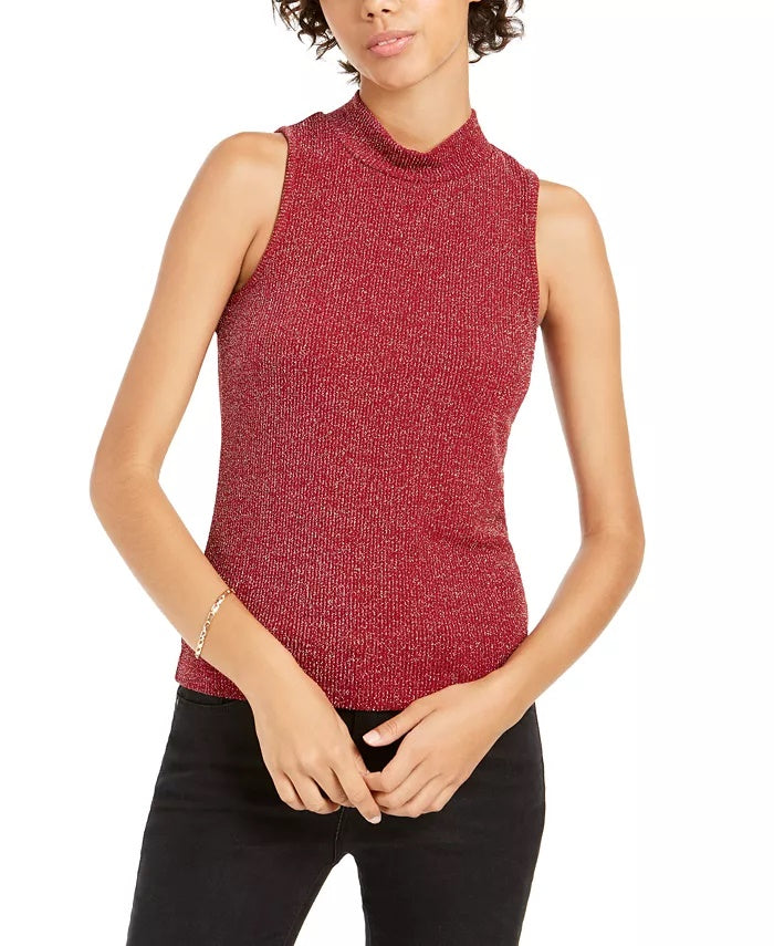 Planet Gold Juniors' Lurex Mock Neck Top Red Size Extra Large