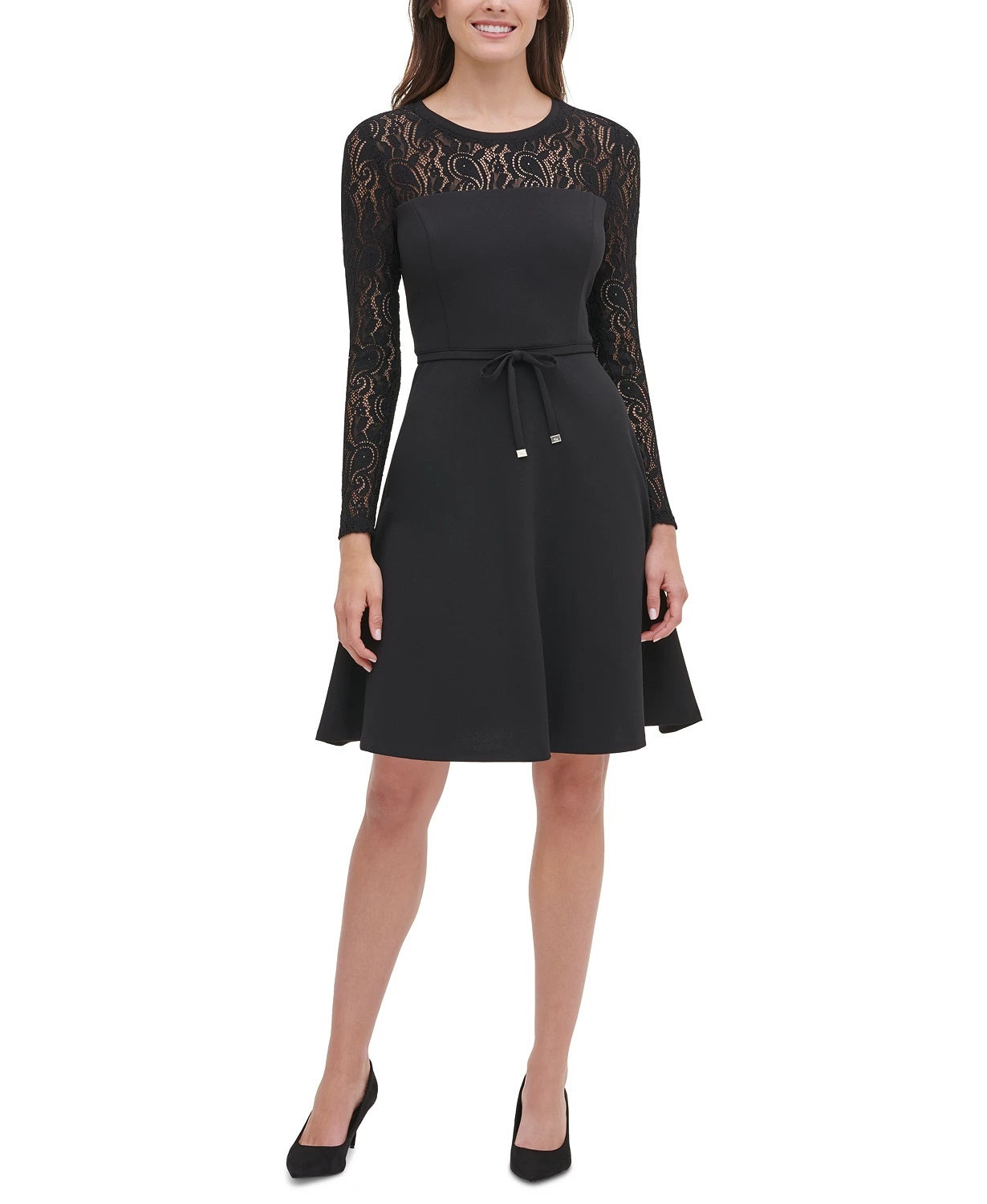 Tommy Hilfiger Women's Lace Sleeve Fit & Flare Dress Black Size 8