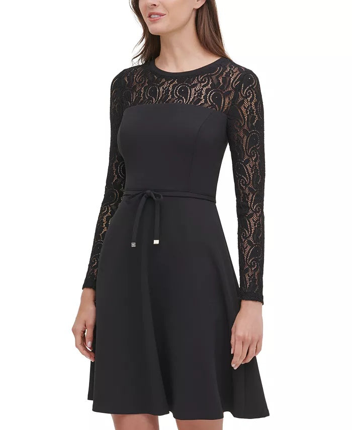 Tommy Hilfiger Women's Lace Sleeve Fit & Flare Dress Black Size 8