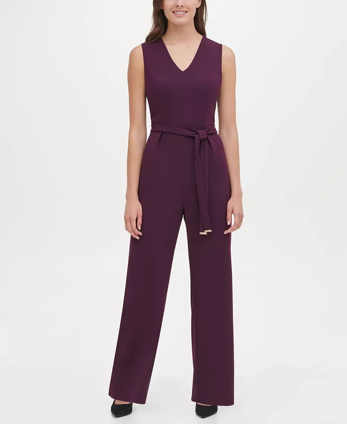 Tommy Hilfiger Women's Belted V Neck Jumpsuit Purple Size 12