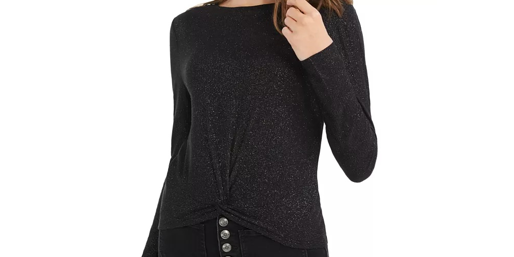 Planet Gold Junior's Twist Front Sparkly Ribbed Top Black Size Medium