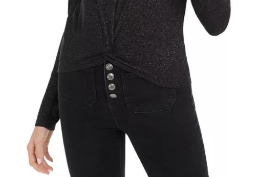 Planet Gold Junior's Twist Front Sparkly Ribbed Top Black Size Medium