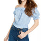 Planet Gold Juniors' Off-The-Shoulder Eyelet Top Navy Size Medium