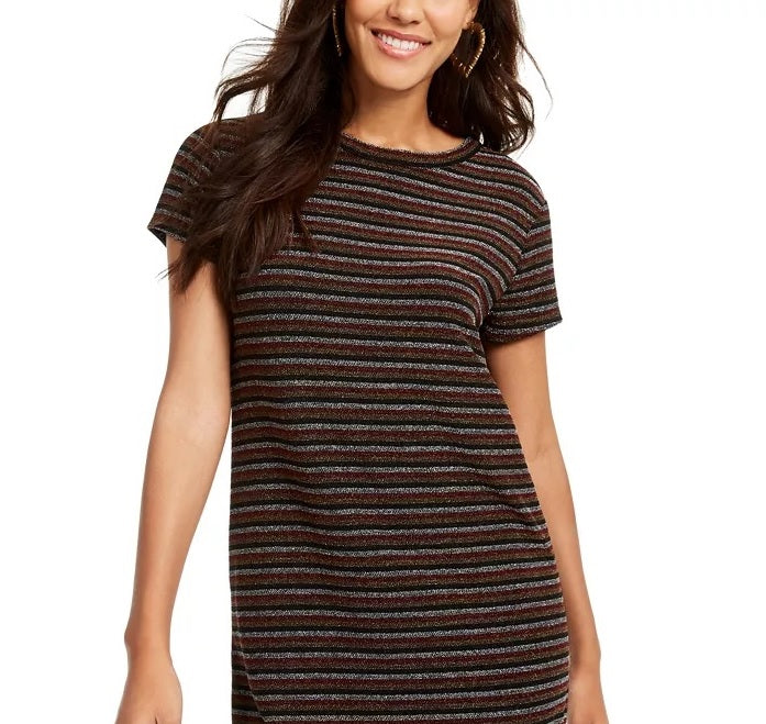 Rosie Harlow Juniors' Lurex Striped T-Shirt Dress Brown Size Small