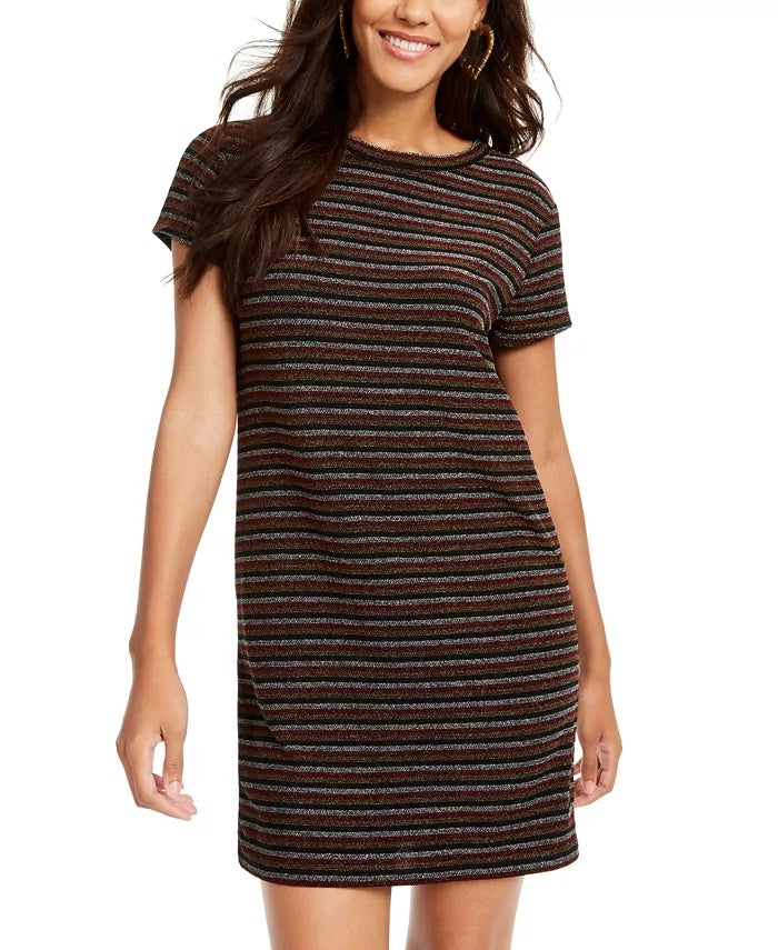Rosie Harlow Juniors' Lurex Striped T-Shirt Dress Brown Size Small