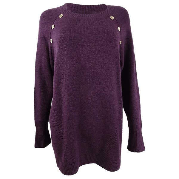Calvin Klein Women's Button-Detail Crewneck Sweater Purple Size Medium