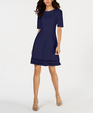 Calvin Klein Women's Elbow-Sleeve Illusion-Detail Dress Navy Size 2