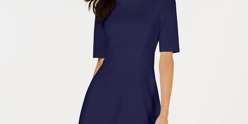Calvin Klein Women's Elbow-Sleeve Illusion-Detail Dress Navy Size 2