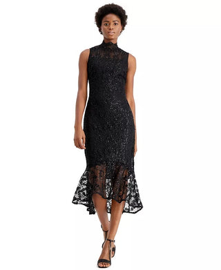 Calvin Klein Women's Mock Neck Embroidered Lace Dress Black Black Size 8