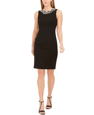 Calvin Klein Women's Imitation Pearl Trim Sheath Dress Black Size 2