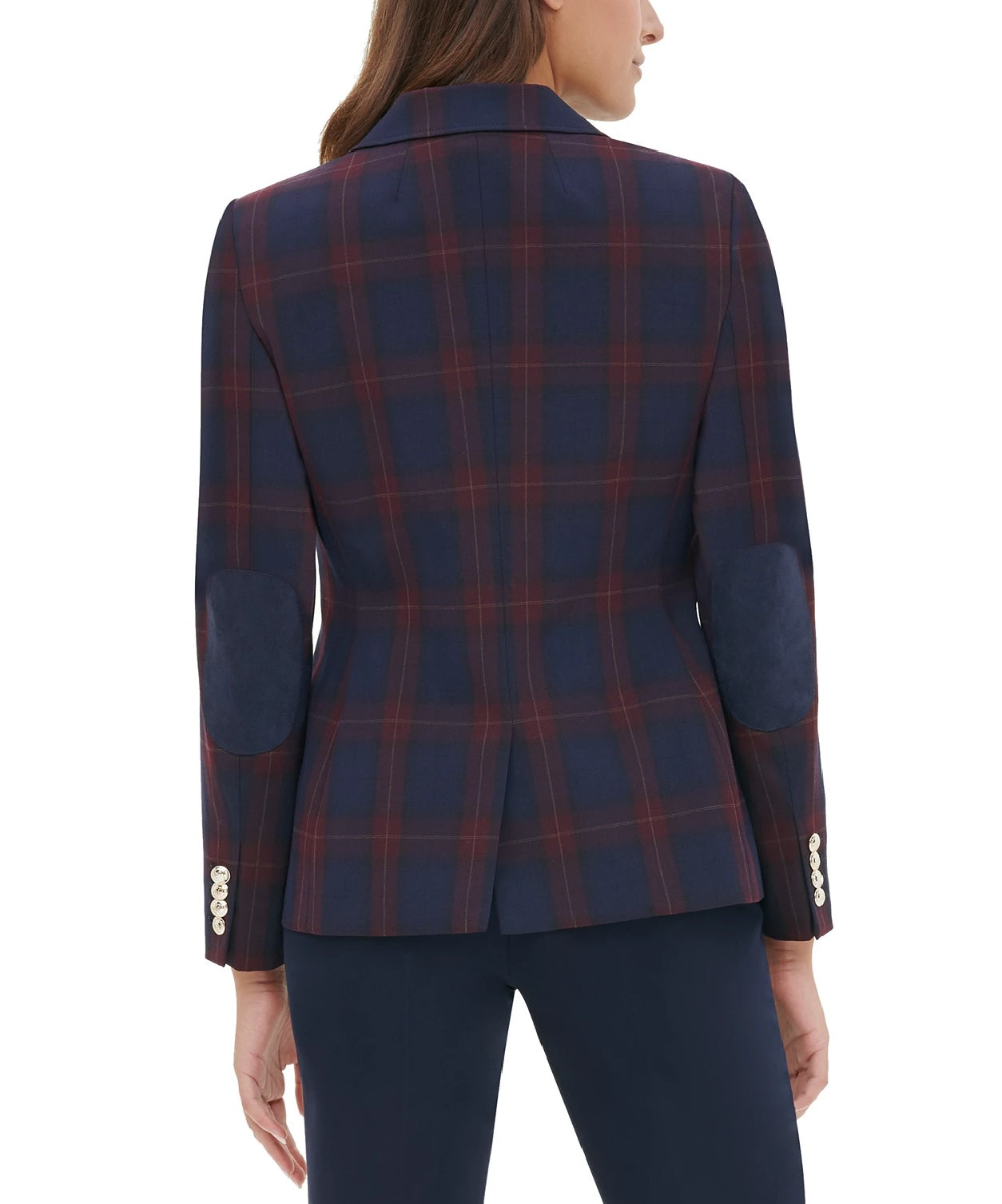 Tommy Hilfiger Women's Elbow-Patch Plaid Blazer Blue Size 12
