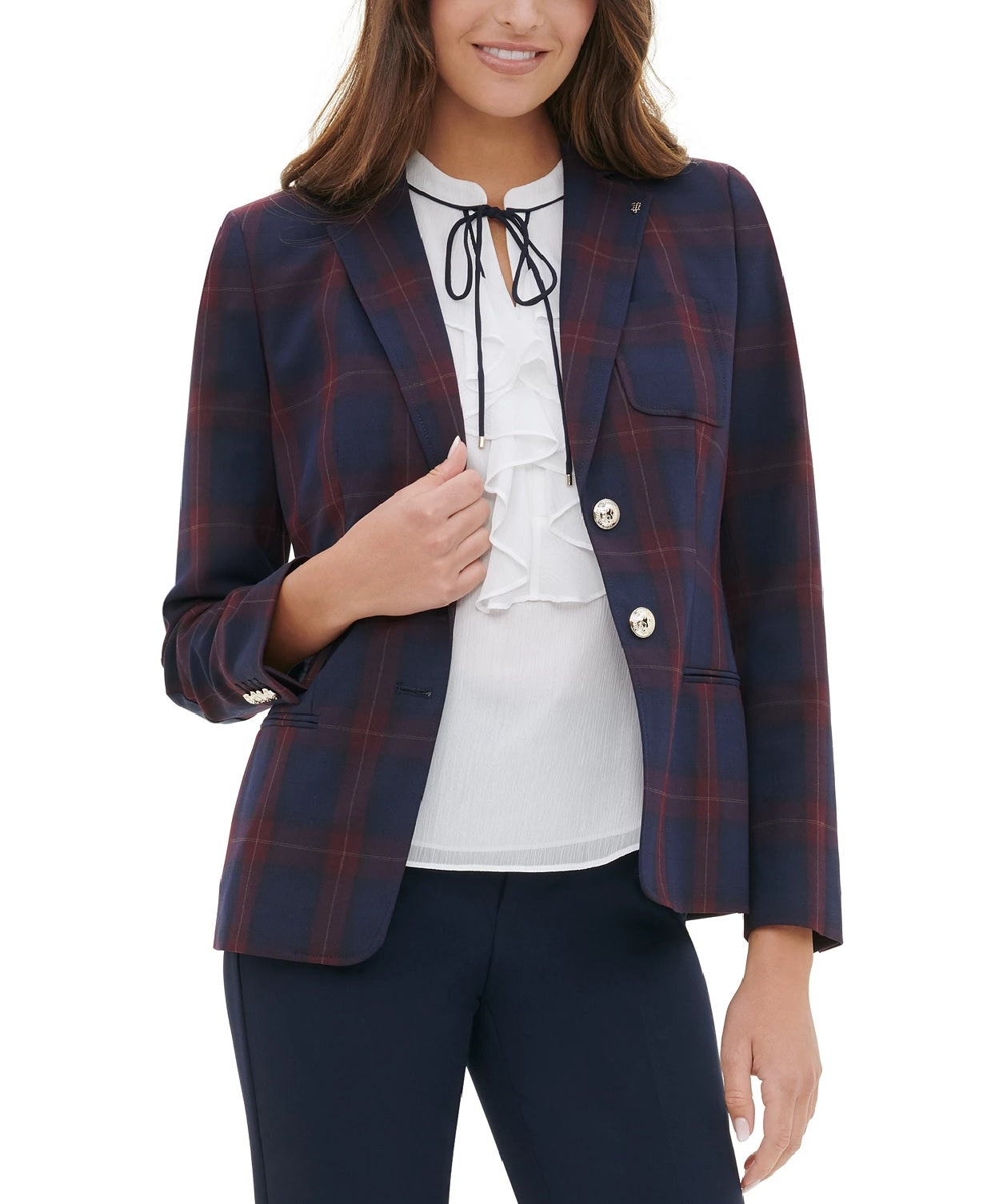 Tommy Hilfiger Women's Elbow-Patch Plaid Blazer Blue Size 12
