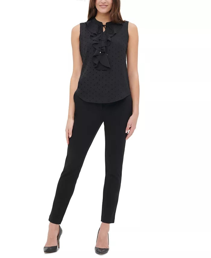 Tommy Hilfiger Women's Dot-Print Ruffled Top Black Size Small