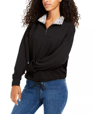 Hippie Rose Juniors' Sherpa Lined Quarter-Zip Sweatshirt Black Size Extra Large