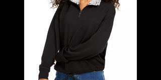 Hippie Rose Juniors' Sherpa Lined Quarter-Zip Sweatshirt Black Size Extra Large