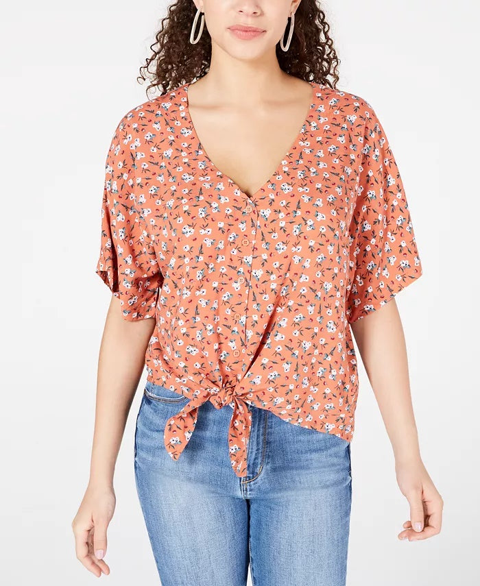 Hippie Rose Juniors' Printed Tie-Waist Blouse Honey Size Medium