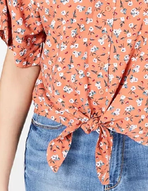 Hippie Rose Juniors' Printed Tie-Waist Blouse Honey Size Medium